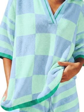 Pastel Blue & Mint Checker V-Neck Knit Sweater